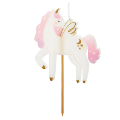 Vela de unicórnio decorativa em branco, rosa e dourado com suporte de madeira