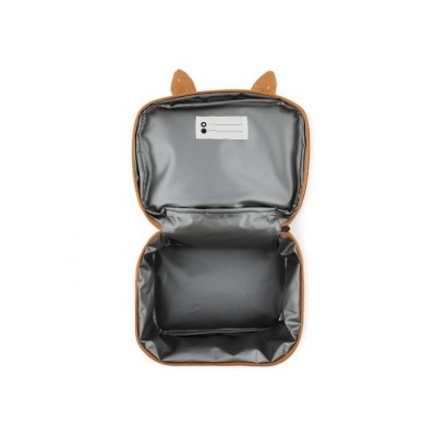 lancheira castanha de crianças aberta com interior preto e bolso com rótulo para nome