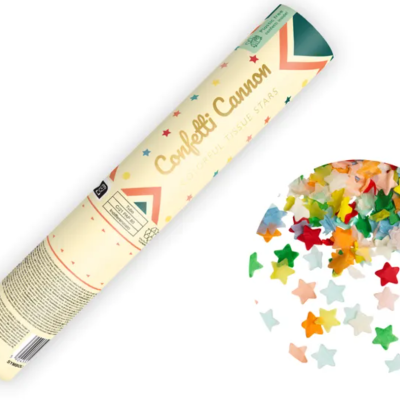 Tubo de confetti com confetti em estrelas coloridas
