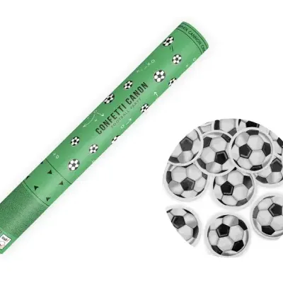 Canhão de confetis verde com bolas de futebol e confetis em forma de bolas de futebol