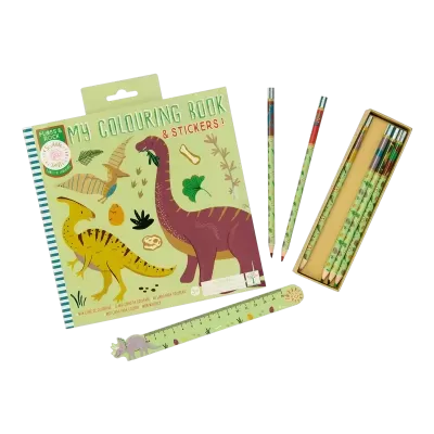 Livro de colorir dinossauros com lápis de cor e régua temática em fundo verde