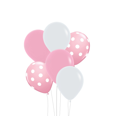 Seis balões de látex rosa, branco e rosa com bolinhas brancas, com cordões finos e fundo branco
