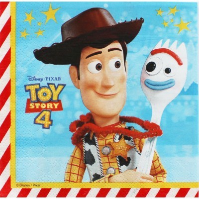 Imagem dos personagens Woody e Forky do Toy Story 4 sobre fundo azul com estrelas e borda vermelha e branca