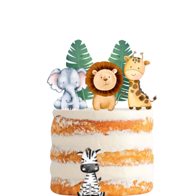 bolo decorado com figuras de peluche de animais e folhas verdes