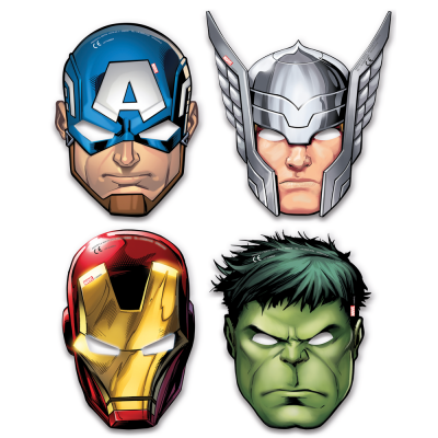 Máscaras coloridas de quatro super-heróis de banda desenhada, Capitão América, Thor, Homem de Ferro e Hulk