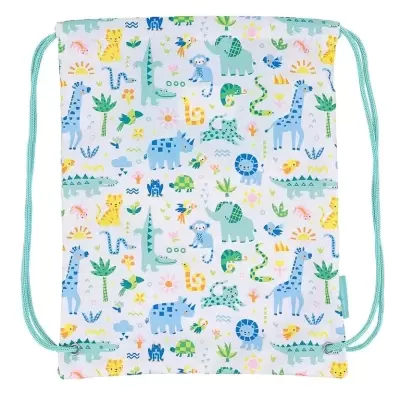 Mochila de cordão branca com padrão colorido de animais e cordões azuis