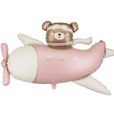 Balão em forma de avião com urso aviador cor-de-rosa e branco