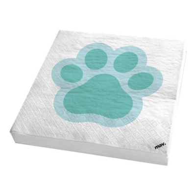 Guardanapo de papel branco com estampa azul de pata de animal