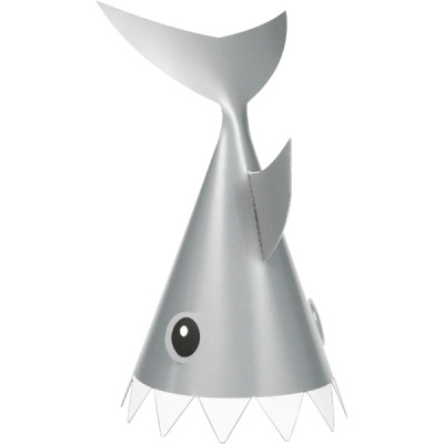 Chapéu de carnaval prateado em forma de tubarão com barbatina e dentes recortados