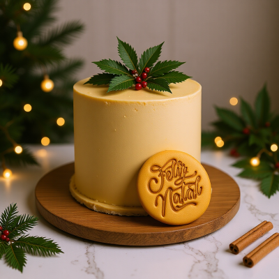 Bolo redondo amarelo decorado com folhas verdes e frutos vermelhos, bolacha gravada 'Feliz Natal' e paus de canela