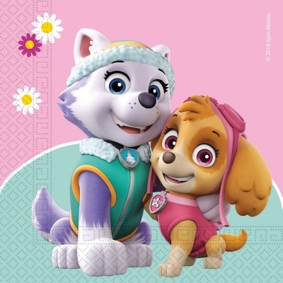 Duas personagens de cães animados em roupas coloridas, fundo rosa e azul com flores.