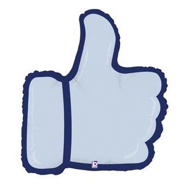 Almofada formato polegar para cima azul e cinza sobre fundo branco