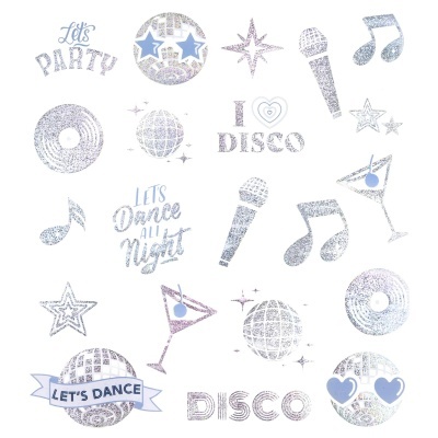 Adesivos temáticos de festa prateados com textos e imagens de disco, música e cocktails