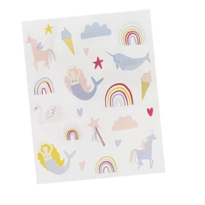 Folha de autocolantes com sereias, unicórnios, arco-íris e nuvens