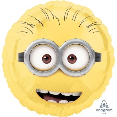 Balão amarelo em forma de rosto de personagem com óculos redondos e sorriso