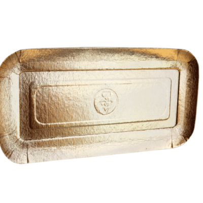 Tabuleiro retangular dourado metálico com relevo