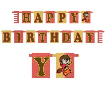 Bandeirolas de aniversário Harry Potter com texto 'HAPPY BIRTHDAY' em vermelho e amarelo