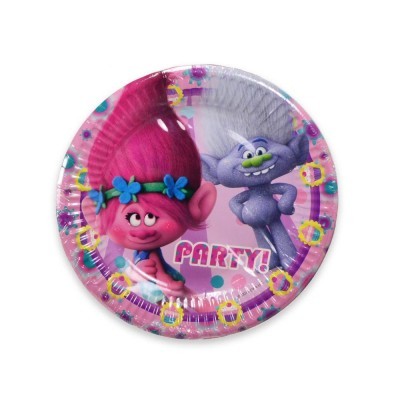 Prato de papel decorado dos Trolls com texto PARTY!