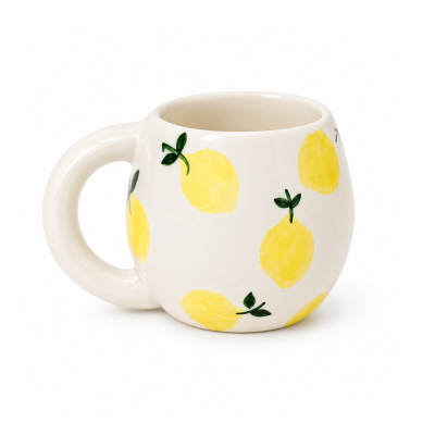 Caneca branca com limões amarelos e folhas verdes