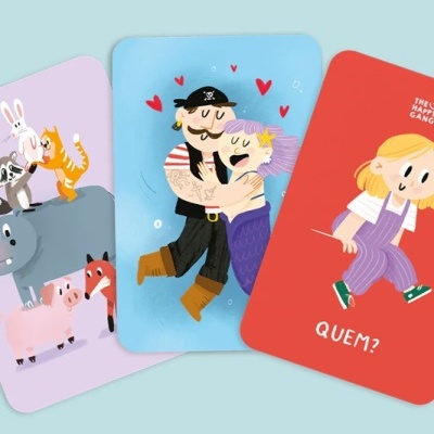 Três cartas de jogo ilustradas com desenhos coloridos para crianças.