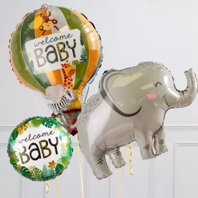 Balões metálicos de festa com tema de bebé e elefante cinzento