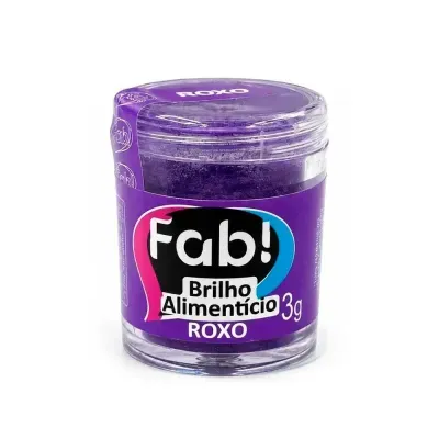 Frasco plástico com brilho alimentício roxo e etiqueta roxa Fab! Brilho Alimentício