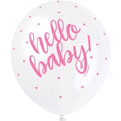 Balão branco decorativo com texto 'hello baby!' e corações cor-de-rosa