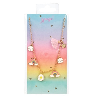 Colar infantil com pendentes coloridos e embalagem colorida