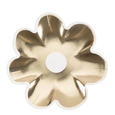 prato metálico dourado em forma de flor com orifício central