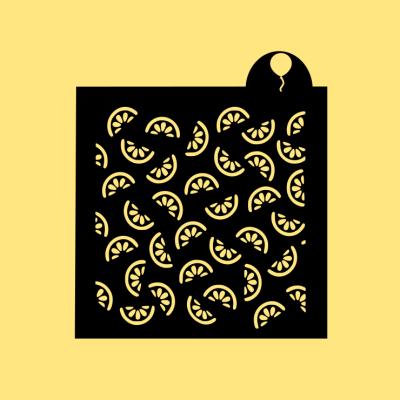 Saco preto com padrão de fatias de limão amarelas, fundo amarelo