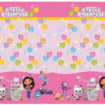 Design colorido de Gabby's Dollhouse com personagens animados e gatos em fundo rosa