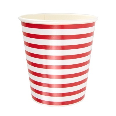 Copo de papel vermelho e branco com riscas horizontais