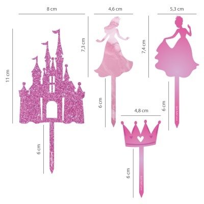 Conjunto de toppers de bolo rosa tema princesa com castelo, princesas, coroa e medidas