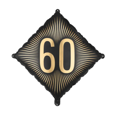 Balão quadrado preto com número dourado 60 e padrão de raios dourados