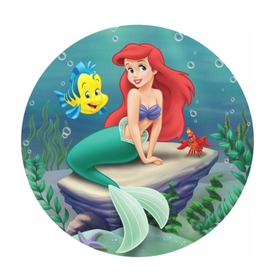 Ilustração redonda da Ariel, o peixe amarelo e azul e um caranguejo vermelho em ambiente subaquático