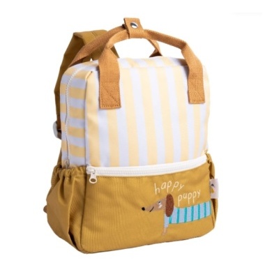 Mochila infantil às riscas amarelas e branca com bolso mostarda bordado com cão e frase
