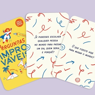 Três cartas coloridas de jogo com perguntas em português e desenhos coloridos