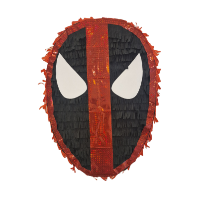 Pinhata em forma de máscara do Deadpool em papel frisado preto, vermelho e branco