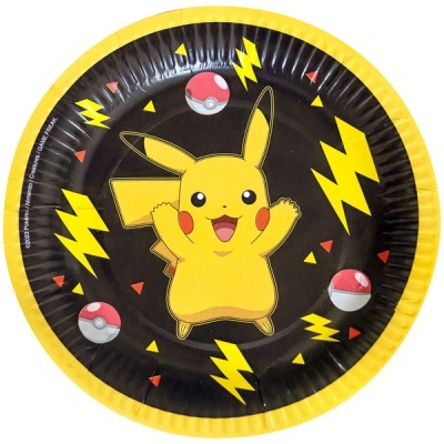 Prato descartável redondo Pikachu e bolas poké amarelo, preto e vermelho