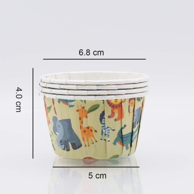 Conjunto de quatro copos de papel decorados com animais coloridos para crianças