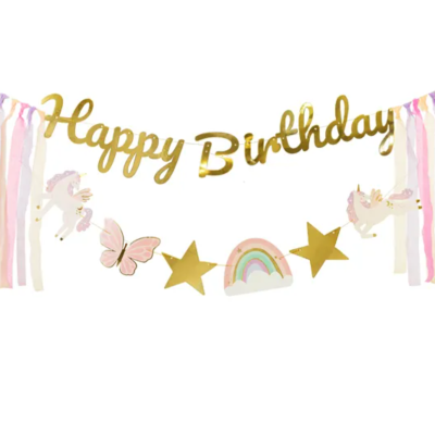 Guirlanda decorativa de aniversário com letras douradas e pendentes coloridos