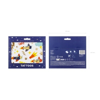 Embalagem de tatuagens temporárias com desenhos de pássaros e estrelas