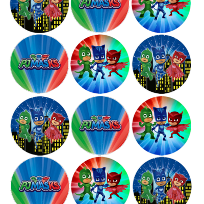 Círculos coloridos com personagens dos PJ Masks e logo PJ Masks