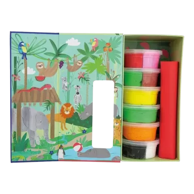 Conjunto de massinha colorida e caixa ilustrada com animais da selva.