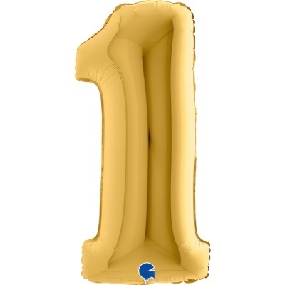Balão dourado em formato do número 1 com fundo branco