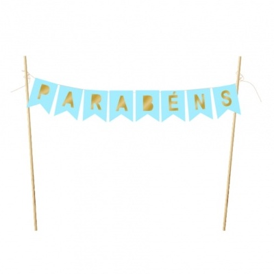 Guirlanda azul com letras douradas a dizer PARABÉNS
