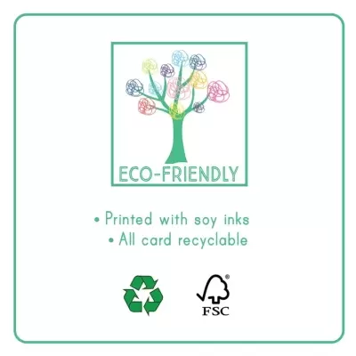 Cartão com desenho de árvore colorida e texto ECO-FRIENDLY, informações de impressão e reciclagem