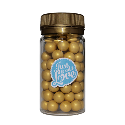 Frasco plástico com esferas douradas e etiqueta azul e branca