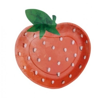 Prato descartável em forma de morango com folhas verdes