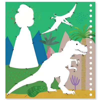 Jogo de ligar pontos com dinossauros e uma figura humana em fundo verde com plantas e montanhas.